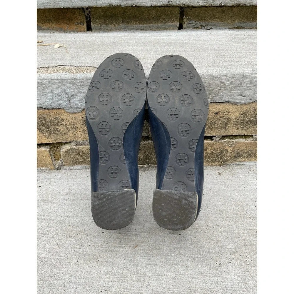 Tory Burch Reva Block Heel Pumps Navy Leather Gold Hardware Women's Size 9